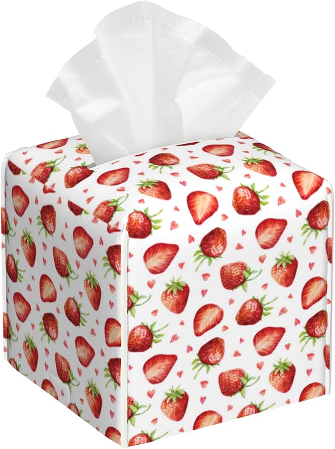 Tissue Box Cover Strawberry and Heart Leather Tissue Box Holder Cube Paper Case Cover Facial Paper Organizer Dispenser for Bathroom, Vanity Countertop, Office Desk