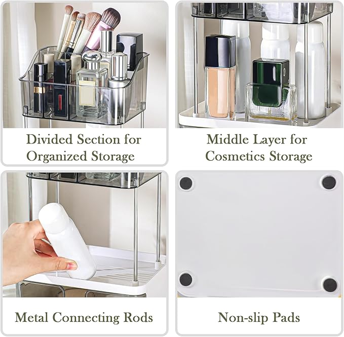FORUP Makeup Organizer for Vanity, 2-Tier 1-Drawer Bathroom Counter Organizer, Multi-Purpose Vanity Organizer, Skincare Perfume Organizers for Vanity Bathroom Countertop, Grey