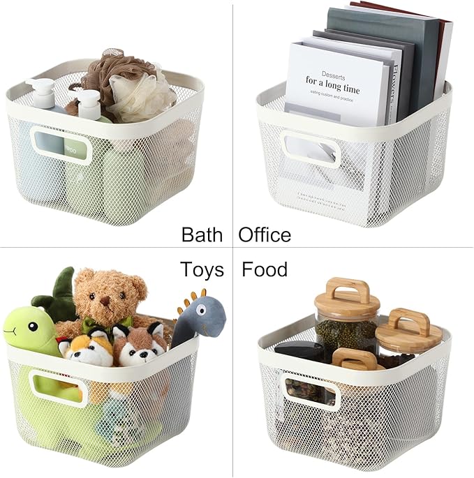 4 Pack Metal Mesh Basket with Hollow Handles White Wire Storage Bin for Organizing Stackable Metal Fine Mesh Basket for Pantry Bathroom Kitchen Cabinets Shelves (Large)