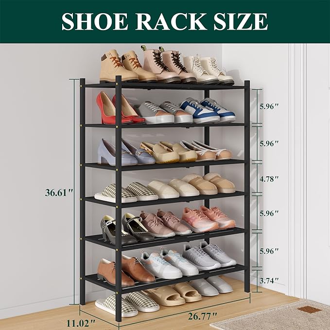 Smiry Bamboo Shoe Rack 6-Tier, Stackable Wooden Shoe Organizer for Entryway & Closet, Free Standing Wood Shoe Storage Shelf for Front Door & Small Spaces, Black