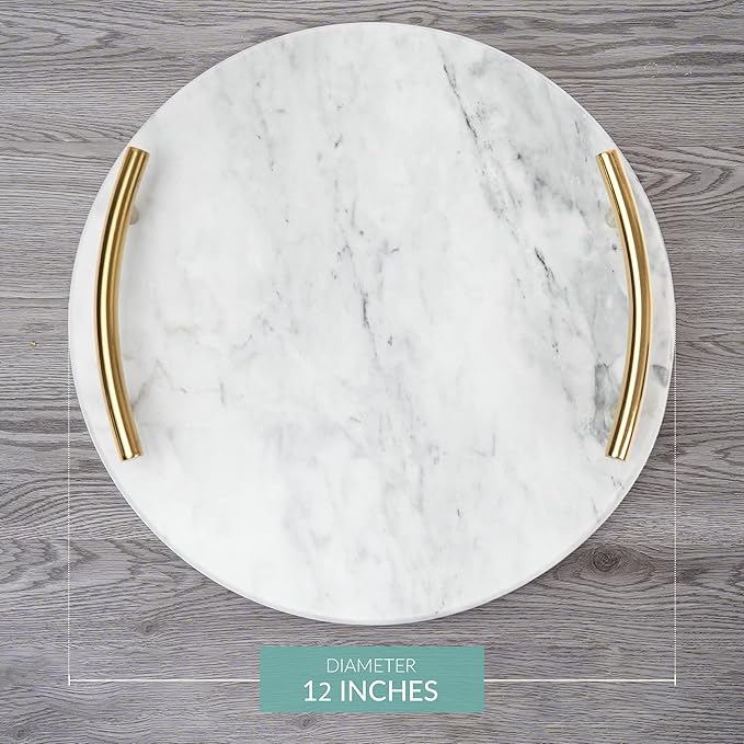White Marble Tray with Gold Handles - Elegant Solid Marble - Chic Modern Elegant Round Vanity Tray for Bathroom