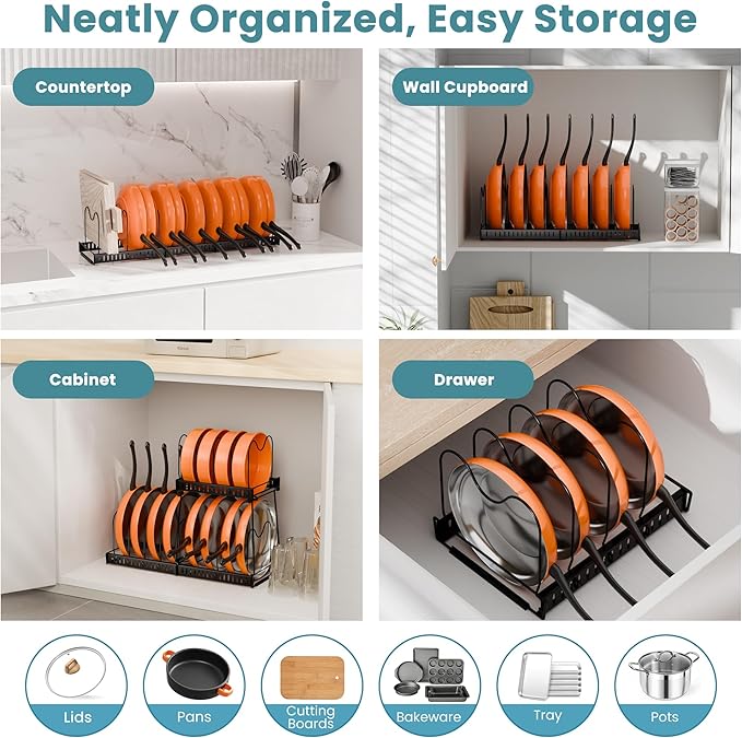 3-Pack Pots and Pans Organizer for Under Cabinet, 2Tier 12 Dividers 3 DIY Method Expandable Easy Install, Kitchen Pot Pan Lid Rack Storage Holder Organizers Inside Cabinet, Bright Black