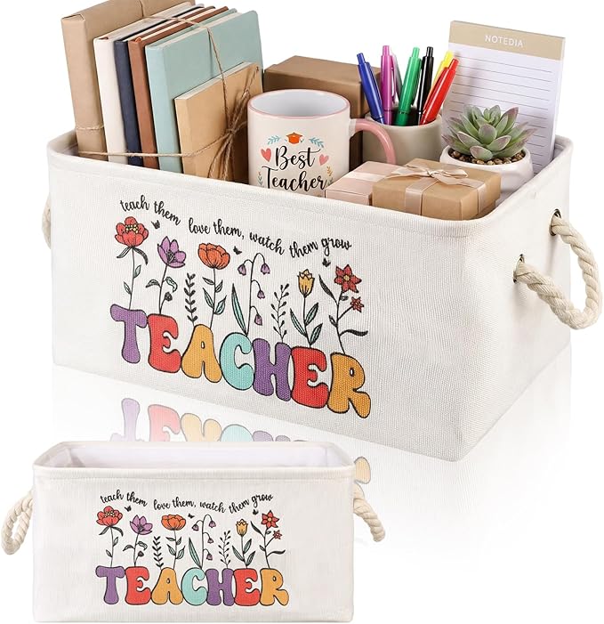 Marsui Teacher Basket Teacher Appreciation Gifts Book Storage Basket Large Foldable Linen Reading Accessories Back to School Teachers Gifts from Student Classroom Office Home