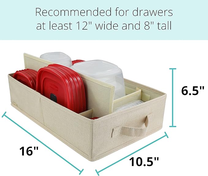 Food Storage Container Organizer Box – A Kitchen Drawer Organizer Compatible with Rubbermaid, Glad Containers and Lids – Adjustable Foldable Cloth Box