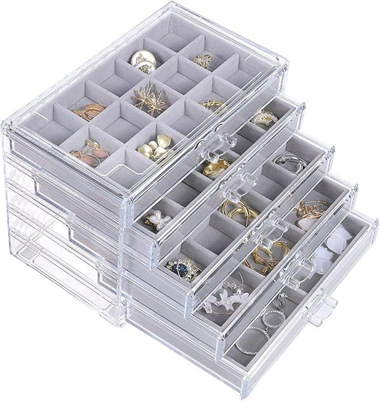 misaya Earring Jewelry Organizer with 5 Drawers, Birthday Present, Clear Acrylic Jewelry Box for Women, Velvet Earring Display Holder for Earrings Ring Bracelet Necklace, Gray