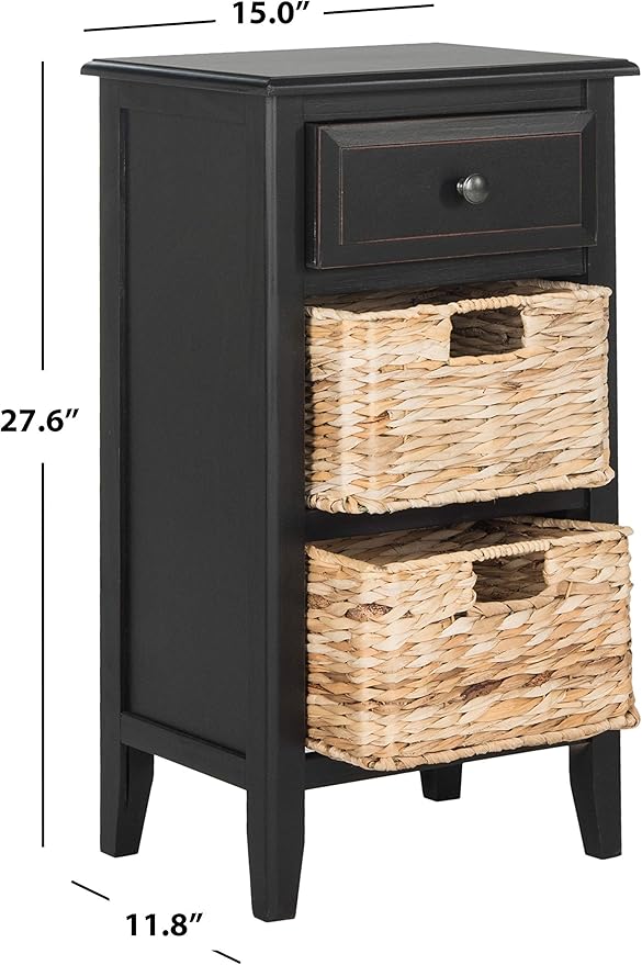 SAFAVIEH Home Collection â Everly Distressed Black 3-Drawer Side Table with Woven Basket Storage, Fully Assembled Farmhouse Accent Table (AMH5743A)
