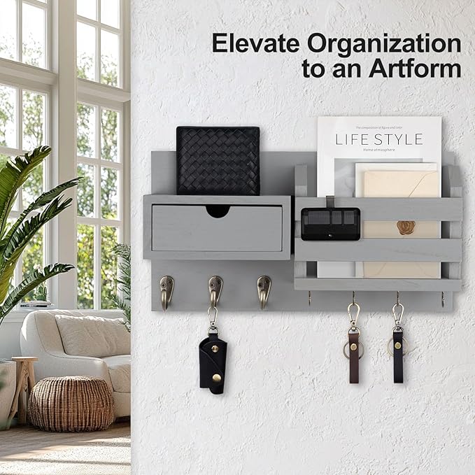 Wall Mount Key Holder with Mail Organizer, 100% Paulownia Wood, 7 Metal Hooks, Storage Drawer, Entryway Home Decor (Gray)
