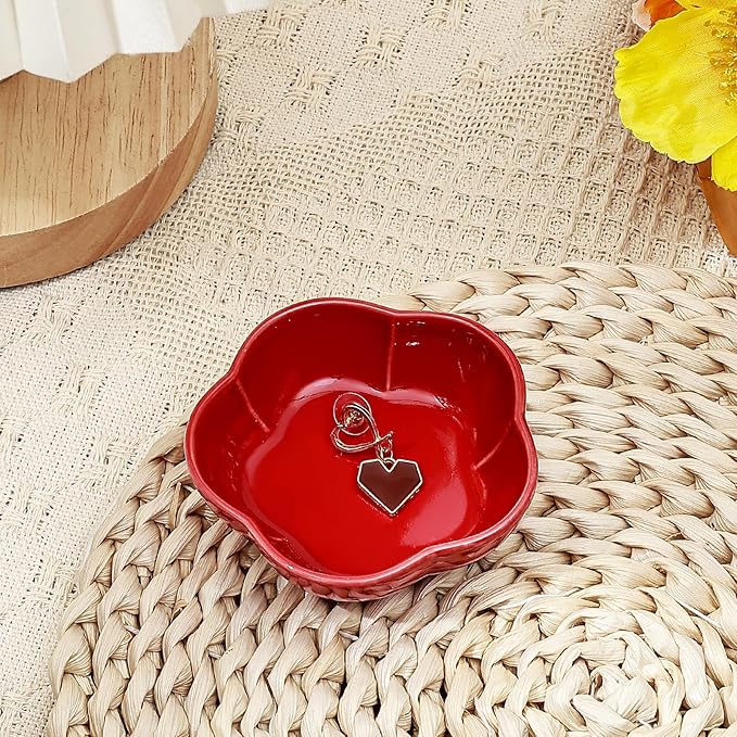 Koythin 2-Piece Small Trinket Dish, Ceramic Jewelry Ring Dish, Flower Key Holder Bowl for Women, Decorative Plate Tray for Dresser, Home Decor Organizer Trinket Tray (Five Petal Flower, Red)