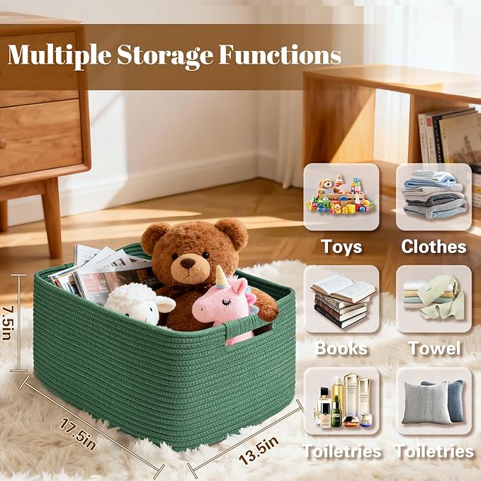 4 Pack Large Storage Basket for Organizing, 17.5"x13.5"x7.5" Woven Basket for Shelves, Closet Cube Storage Bins with Wrapped Handle, Cotton Rope Baskets for Kitchen, Clothes, Toys(Green)