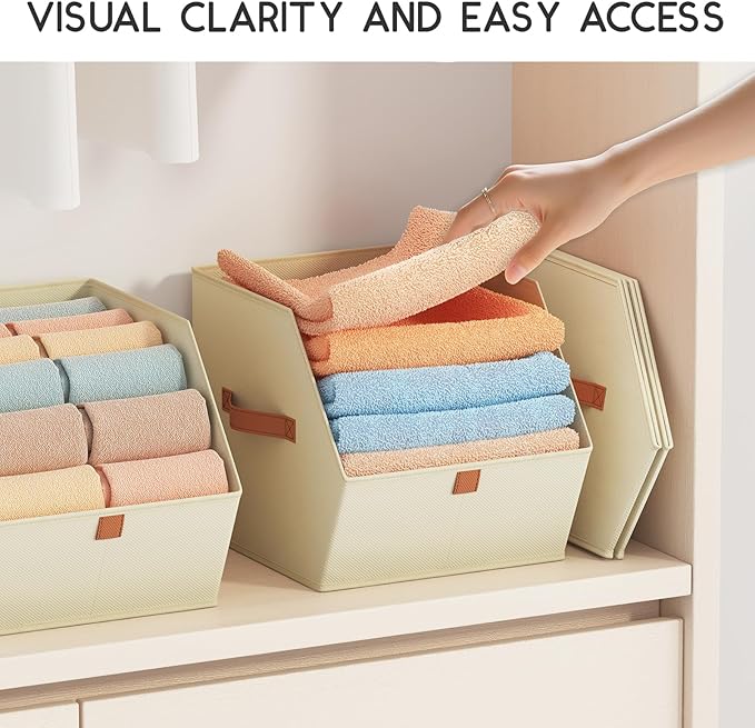 Fabric Closet Storage Cubes - 6 Pack Square Storage Bins with Dual Handles for Clothes, Towels, Toys, Cube Storage Organizers for Bedroom, Nursery, Shelves, Closet, Small Spaces, Light Beige