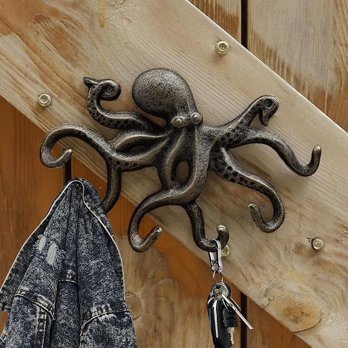 Wall Hooks for Hanging, Iron Octopus Key Holder for Wall, Decorative Hooks 2Pcs - Bronze