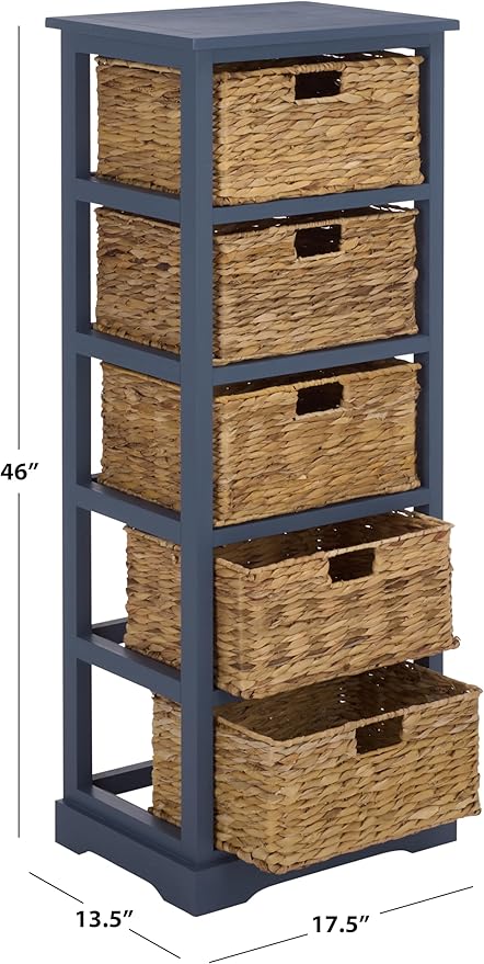SAFAVIEH Home Collection â Vedette Blue 5-Basket Storage Tower, Natural Rattan Accent Design, Fully Assembled (AMH5739H)