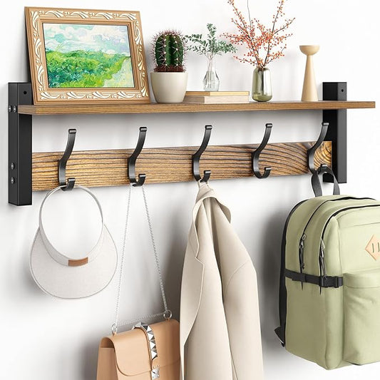 Coat Rack Wall Mount with Shelf, 24 Inch Coat Hanger Walls Mounted, Hat Rack for Walls, Shelf with 5 Coat Hooks, Wall Hanger for Entryway (Brown)