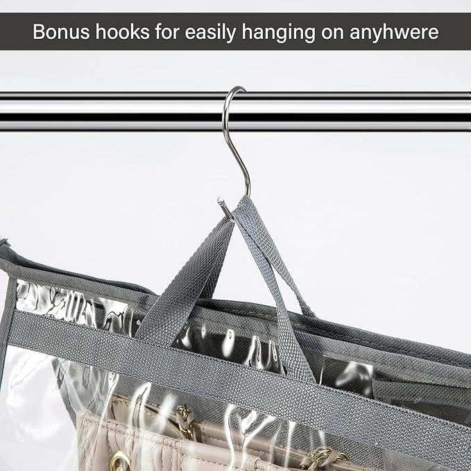 CINPIUK 10 Set Handbag Storage Organizer Dust Bags for Purses Handbags Closet, Clear Purse Protector Storage Bag Dust Cover for Bags, Closet Organizer for Handbags with Hooks, Grey