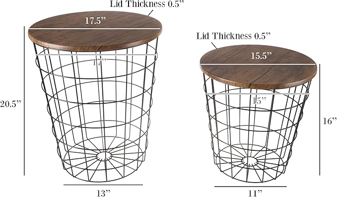 Lavish Home End Tables Set of 2 - Nesting Tables with Removable Wood Tops and Metal Basket Bases for Blanket Storage - Round Side Pieces for Living Room, Bedroom, or Home Office (Brown/Black)