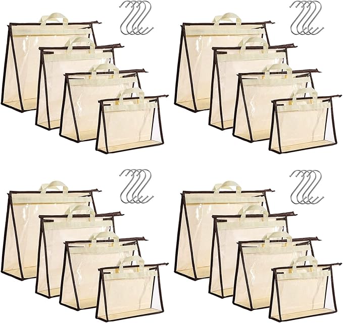 16 Pack Clear Handbag Storage Organizer and 16 Stainless Steel S-Hooks Anti-dust Purse Storage Bags with Zipper and Handle Moisture Proof Dust Cover Organizer Bags for Closet Hanging, 4 Assorted Sizes