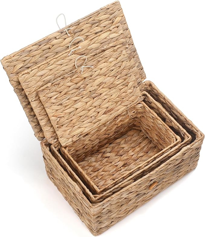 3 Pack Wicker Storage Basket with Lid, Water Hyacinth Baskets, Woven Basket for Shlef, Decorative Storage Boxes for Organizing