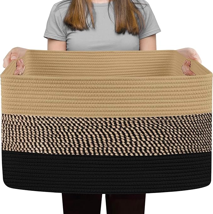 Extra Large Blanket Basket, 23.6"x15.7"x14.1" Woven Blanket Storage for Living Room, Oversized Wicker Floor Basket, Big Cotton Rope Kids Dog Toy Bin Box, Decorative Rectangle Pillow Holder