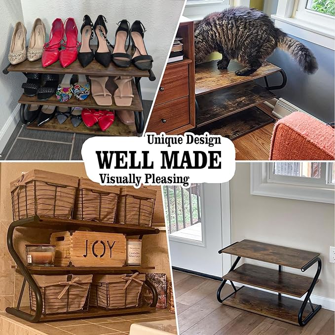 3-Tier Shoe Rack, Wooden Shoe Storage with S Shape Heavy Duty Metal Free Standing, Shoe Organizer Shelf for Entryway, Living Room, Closet, Bedroom (Rustic)