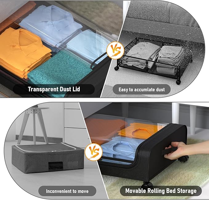 Under Bed Storage with Wheels, Under Bed Storage Containers for Clothes Shoe Toy Book Blanket, Under Bed Storage Drawer for Bedroom Under Bed Rolling Storage with Lid, 2 Pack