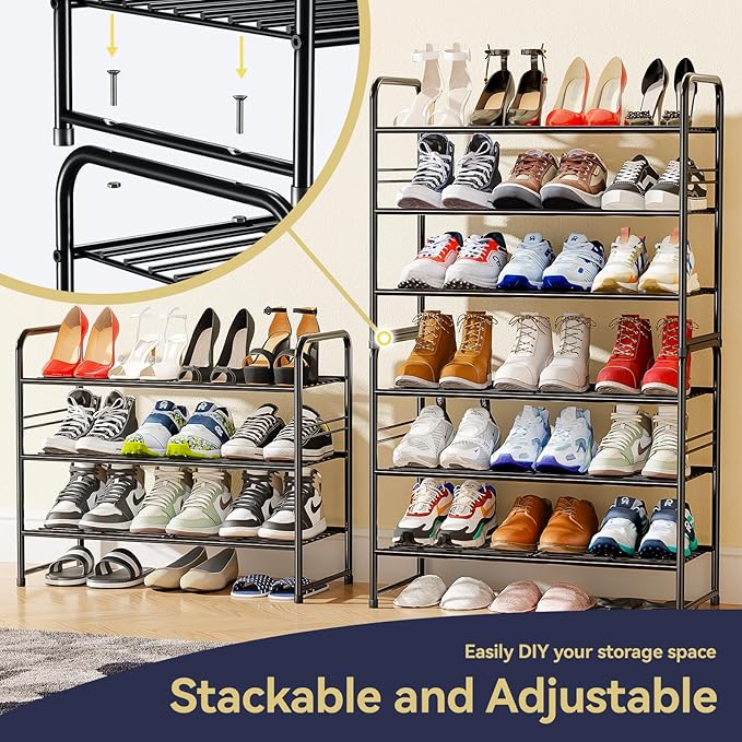 Shoe Organizer for Closet, Shoe Shelf Rack Metal 3 Tier with Stackable & Heavy Duty, Black