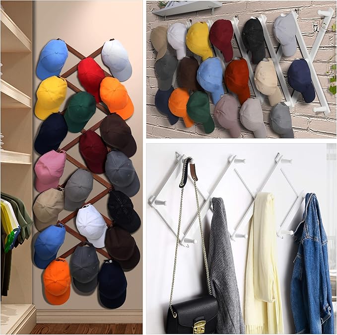 Dseap Accordian Wall Hanger: 16” High Wooden Wall Expandable Coat Rack, Hat Rack Holder, Accordion Hook for Baseball Caps, Coats, Mugs,17 Peg Hooks, White & Black