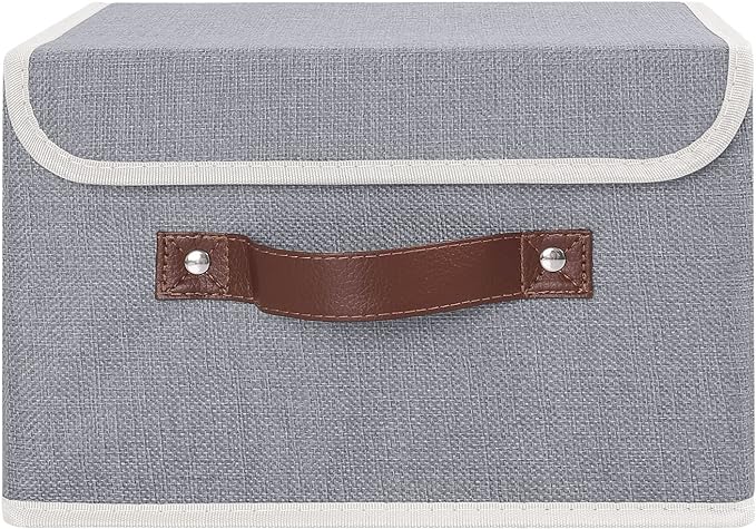 ANMINY Storage Bin with Lid Storage Boxes with PU Leather Handles PP Plastic Board Decorative Foldable Lidded Cotton Linen Fabric Home Cubes Baskets Closet Organizer Container - Gray, Small Size