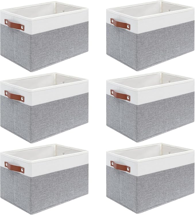 6 Pack Large Fabric Storage Baskets for Shelves , Closet Storage Bins for Shelves, Fabric Baskets for Organizing with Handles for Home organization and Storage (White with Grey,15"L*13"W*13"H)
