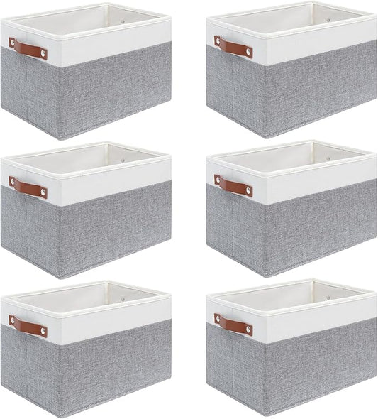 6 Pack Large Fabric Storage Baskets for Shelves , Closet Storage Bins for Shelves, Fabric Baskets for Organizing with Handles for Home organization and Storage (White with Grey,15"L*13"W*13"H)