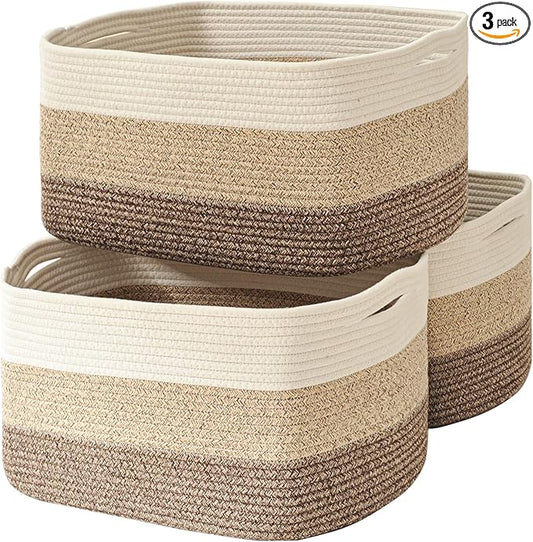 Large Storage Baskets for Organizing Shelves, Woven Cotton Rope Bins for Baby Nursery Organization, Book Toy Towel Organizer, 17"x13"x9.5", 3 Packs, Gradient Brown