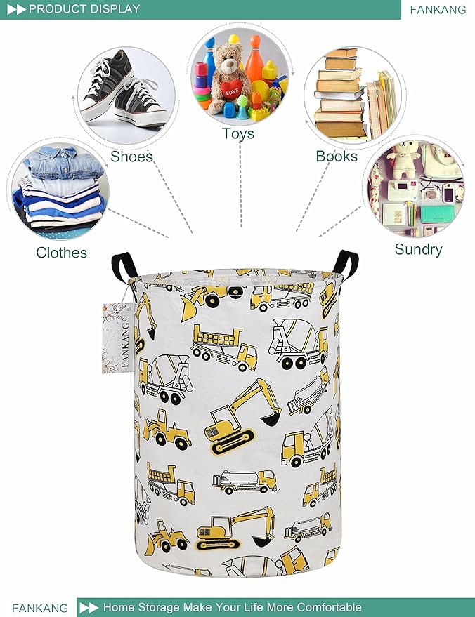 FANKANG Storage Basket, Nursery Hamper Canvas Laundry Basket Foldable with Waterproof PE Coating Large Storage Baskets for Kids Boys and Girls, Office, Bedroom, Clothes,Toysï¼excavatorï¼