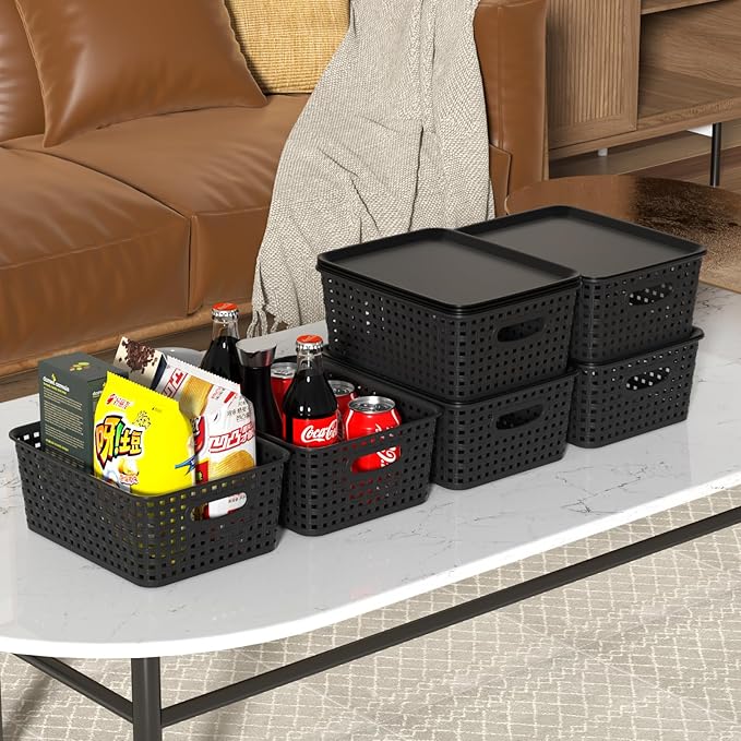 6 Pack Plastic Storage Baskets Bins with Lid, Stackable Lidded Storage Containers for Organizing, Black
