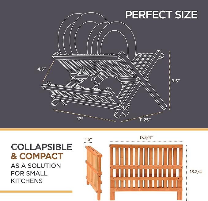 Dish Drying Rack - Bamboo Dish Rack for Kitchen Counter, Collapsible 2-Tier Wooden Drying Rack for Dishes, Plates, Cups, Utensils - Foldable Dish Drainer, Space-Saving Kitchen Drying Rack Organizer