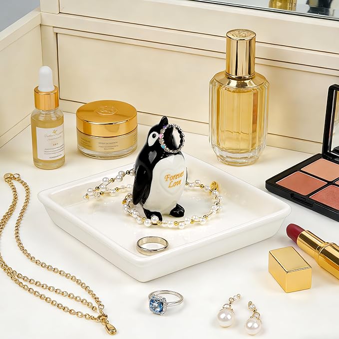 PUDDING CABIN Penguin Gifts for Women, Ring Holder Jewelry Tray, Penguin Figurine Forever Lover Anniversary Wedding Birthday Mothers Day Gifts for Girlfriend Wife FiancÃ©e Daughter Mom