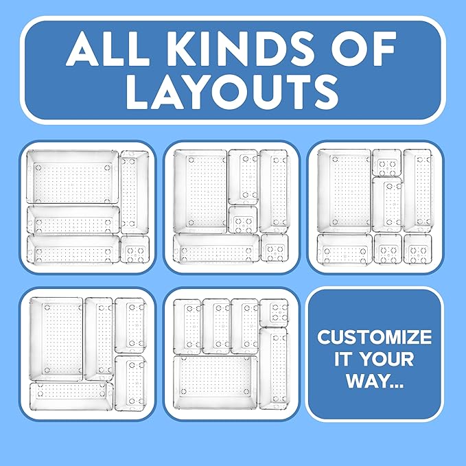 Drawer Organizer Set - Includes 3-piece 9x6" bins, 6-piece 9x3" bins, 8-piece 6x3" Bins, 8-piece 3x3" Bins, Stackable 4 Size Storage Trays for Makeup, Kitchen, and Office, Pack of 25