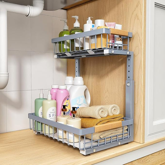 PXRACK Under Sink Organizer, Adjustable Height, 2 Tier Pull Out Under Cabinet Organizer, Slide Out Thickened Metal Under Sink Storage for Kitchen Bathroom Laundry Pantry Cabinet, Grey, Large-1-Pack
