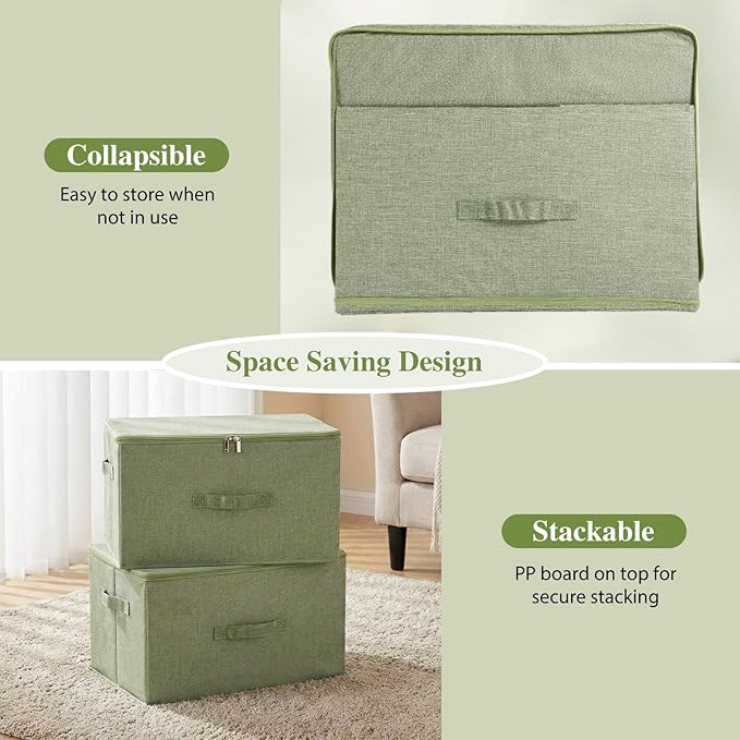 ANMINY 2PCS Storage Bins with Zipper Lids 13 Qt Lidded Fabric Storage Boxes Baskets Cubes with Handles Collapsible Washable Cotton Linen Closet Shelf Clothes Organizer Containers - Green, Small