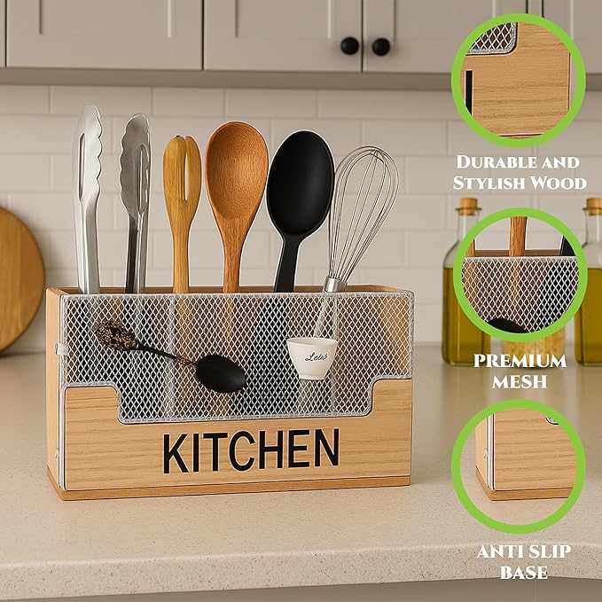 4 Compartments Large Kitchen Utensil Holder Organizer for Counter or Countertop|Wooden Storage Container for Cooking and Silverware| Farmhouse Rustic For Kitchen Organizer