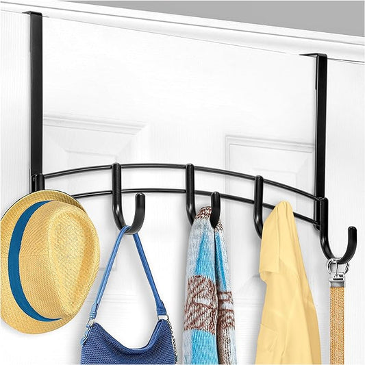 LYNK Professional® Home™ Over The Door Hooks - 5 Hook Over The Door Hanger - Over Door Coat Rack - Hanging Towels or Clothes - Bathroom, Bedroom or Laundry Room - Lifetime Ltd. Warranty – Black