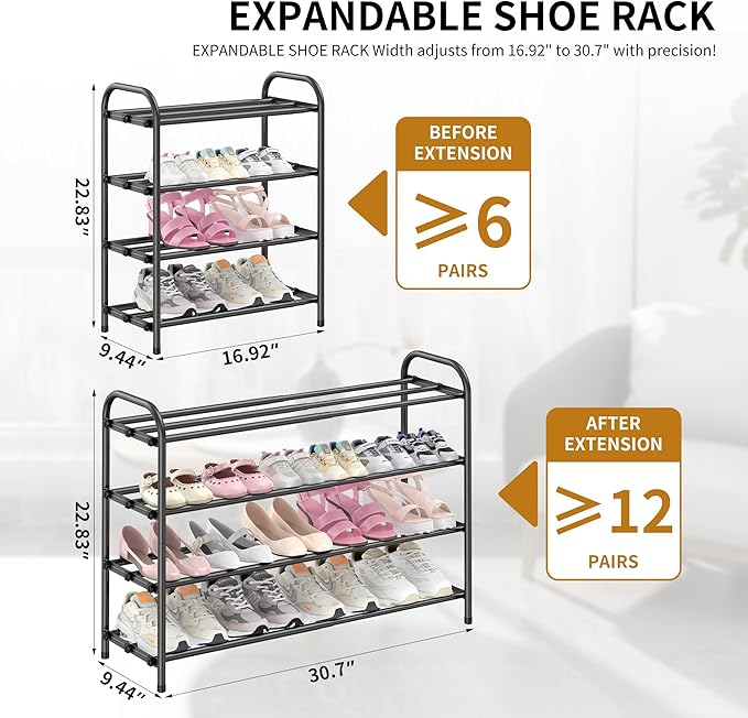 4-Tier Expandable Shoe Rack for Entryway，Adjustable Metal Shoe Organizer for Closet,Living Room,Dorm,Black