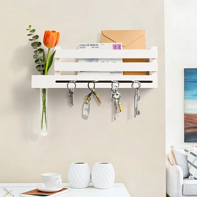 AELS Creamy White Wall Mounted Key Holder with Acrylic Vase & Mail Organizer, Wooden Entryway Key Rack with 5.9" Test Tube Vase, Decorative Key Hanger with Slot for Keys and Letters, Gift Idea