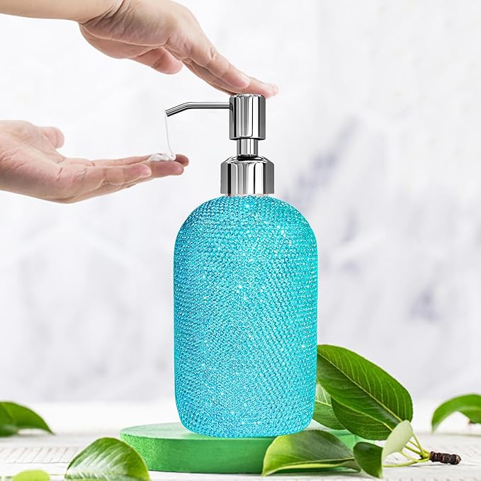 SlowVibes 18Oz Bling Blue Soap Dispenser with Rust Proof Stainless Steel Pump,Refillable Liquid Hand Wash Bottle for Bathroom Kitchen,Sparkle Decorative Shower Dispenser,Rhinestone Lotion Dispenser