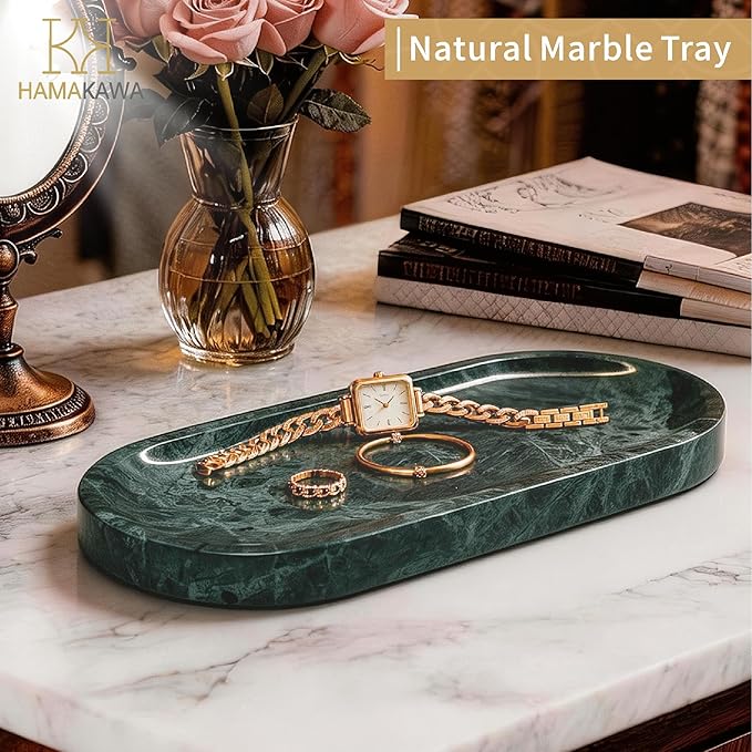 Bathroom Vanity Tray, Natural Marble Oval Tray 10 inch, Emerald Green Marble Vanity Tray for Soap Dispenser Modern Countertop Organizer for Kitchen Countertops, Home Decor