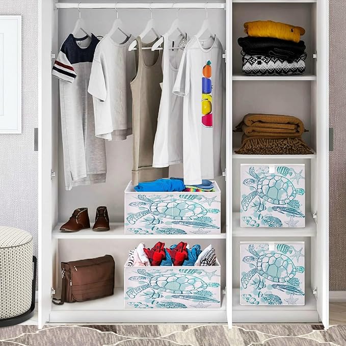 Blueangle Sea Turtle Starfish Cube Storage Bin, 11 x 11 x 11 in, Large Collapsible Organizer Storage Basket for Home Décor