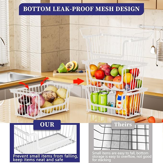 6 Pack Enhanced Leak-Proof Bottom Stackable Wire Baskets, Pantry Organizers and Storage, pantry storageï¼Shelf Baskets, Fruit Basket, Potato and Onion Storage Binsï¼(White)
