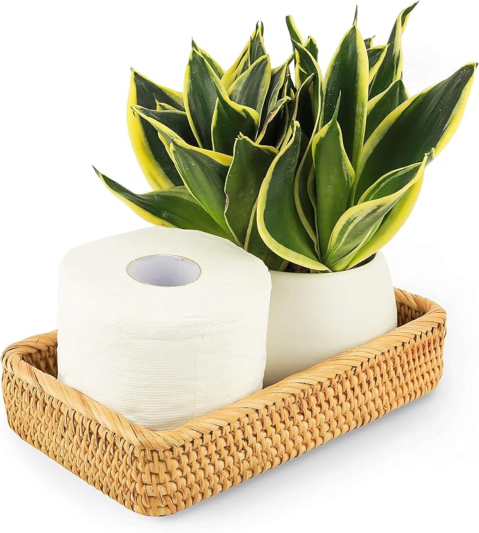 Rattan Toilet Tank Basket Woven Guest Towel Holder for Serving Organizing Bread Shelves 10 x 6 x 2 inches Bathroom Counter Organizers and Storage Decorative Wicker Tray (Honey Brown)