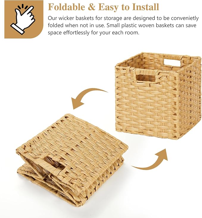DULLEMELO Wicker Storage Baskets with Handles, Foldable Storage Cubes Set of 2 Plastic Wicker Baskets for Organizing Shelves,11 Inch Cube Baskets, Natural