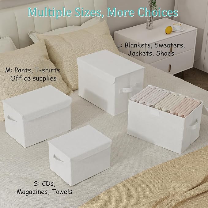 Storage Bins with Lids for Organizing, Closet Boxes with 2 Carrying Handles and Sturdy Heavy Cardboard, Home Organizers Cubes, 4 Pack, White, 15 x 9.8 x 9.8 In, XSNY12WL-4