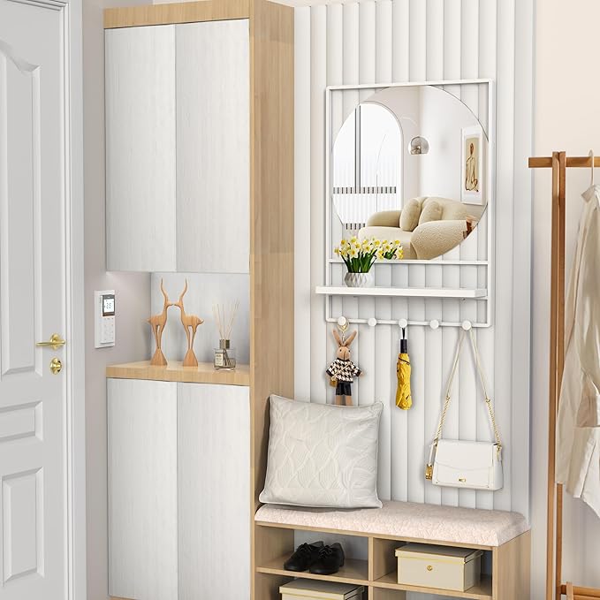 WONSTART 21" X 28" Wall Mirror with Shelf and Hooks,Entryway Mirror with Hooks, Metal Framed Bathroom Mirror with Shelf for Bathroom, Bedroom, Living Room (White, 21 x 28)