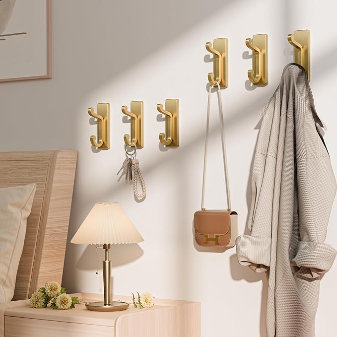 Gold Self Adhesive Wall Hooks for Coats - Stainless Heavy Duty Double Hook for Clothes, Towel, Keys, Purse, Backpack, Bag, Hat, 6 Pack Coat Hook for Door, Bathroom, Bedroom.